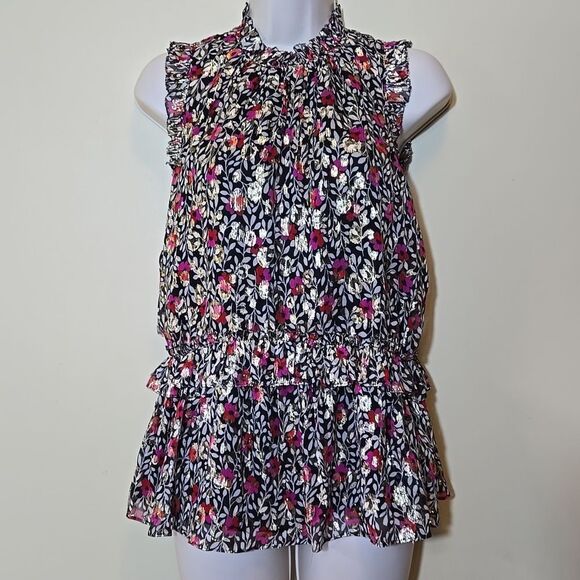 Kate Spade Silk Ruffle Metallic Floral Top Holiday Peplum - Picture 2 of 16